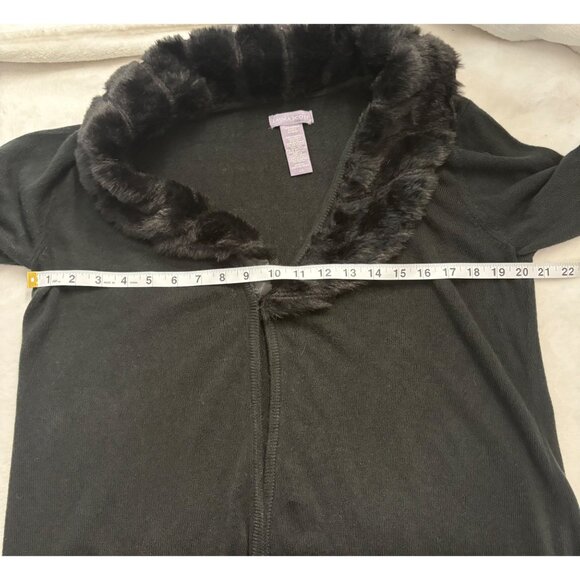 Laura Scott Black Open Front Cardigan Sweater Faux Fur Collar Womens Size L - Picture 8 of 12